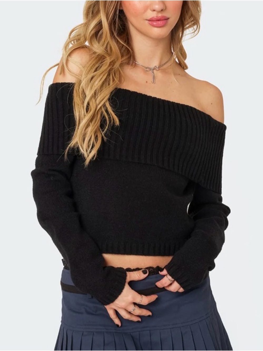 Edikted Black Tamara Off-the-Shoulder Fold Over Ribbed Crop Sweater